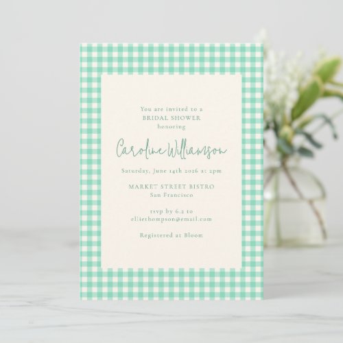 Modern Mint Green Gingham Plaid Bridal Shower Invitation