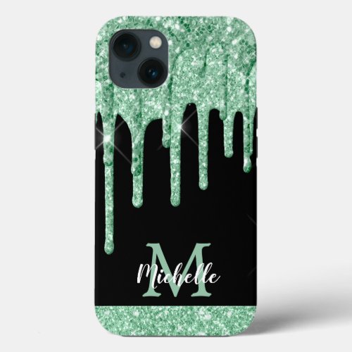 Modern Mint Green Glitter Drips Monogram Case_Mate iPhone 13 Case