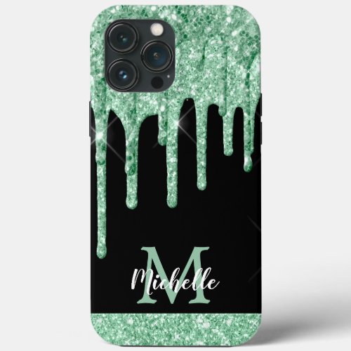 Modern Mint Green Glitter Drips Monogram iPhone 13 Pro Max Case