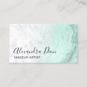 Modern mint green glitter marble makeup artist business card
