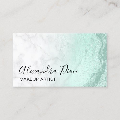 Modern mint green glitter marble makeup artist business card