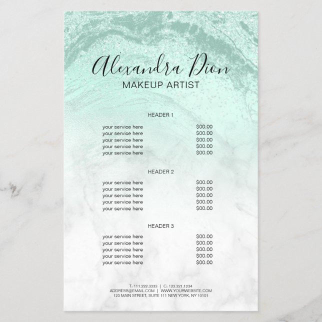 Modern mint green glitter marble makeup artist flyer (Front)