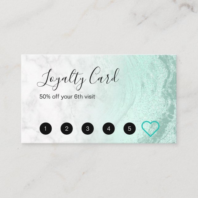 Modern mint green glitter marble makeup artist loyalty card (Front)
