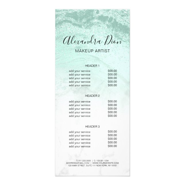 Modern mint green glitter marble makeup artist rack card (Front)
