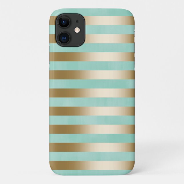Modern Mint Green & Gold Stripes Case-Mate iPhone Case (Back)