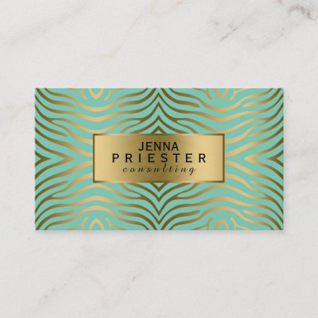 Modern Mint-green & Gold Zebra Stripes Pattern Business Card