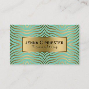 Modern Mint-Green & Gold Zebra Stripes Pattern Business Card