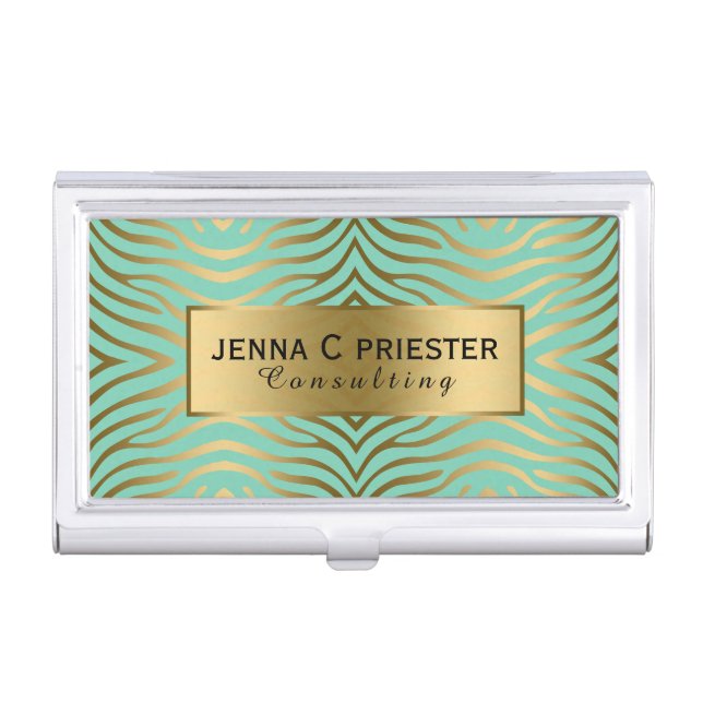 Modern Mint-Green & Gold Zebra Stripes Pattern Business Card Case (Front)