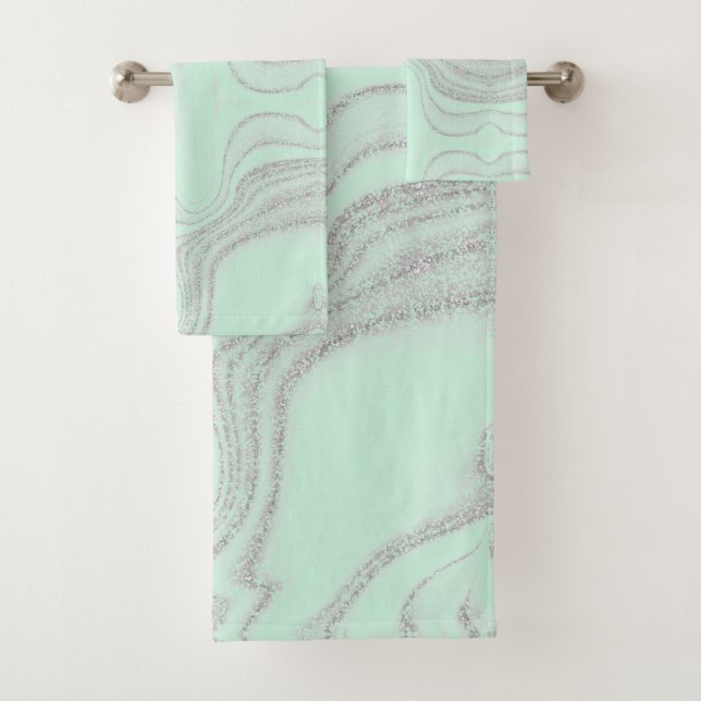 Modern mint green gray abstract marble pattern  bath towel set (Insitu)