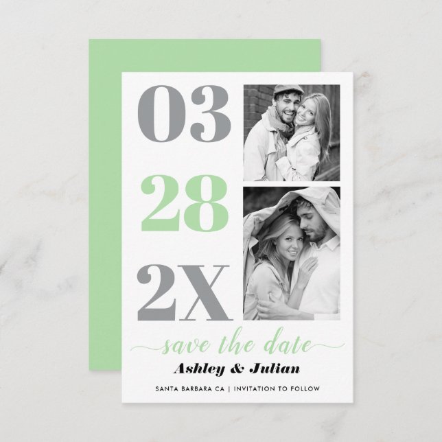 Modern mint green, gray typography with two photos save the date (Front/Back)