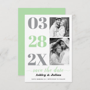 Modern mint green, gray typography with two photos save the date
