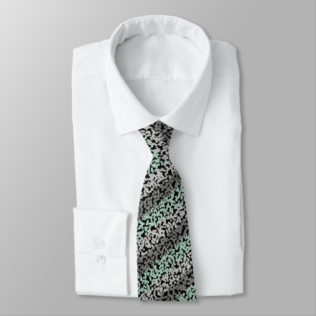 Modern mint green, grey and black stripes pattern neck tie (Tied)