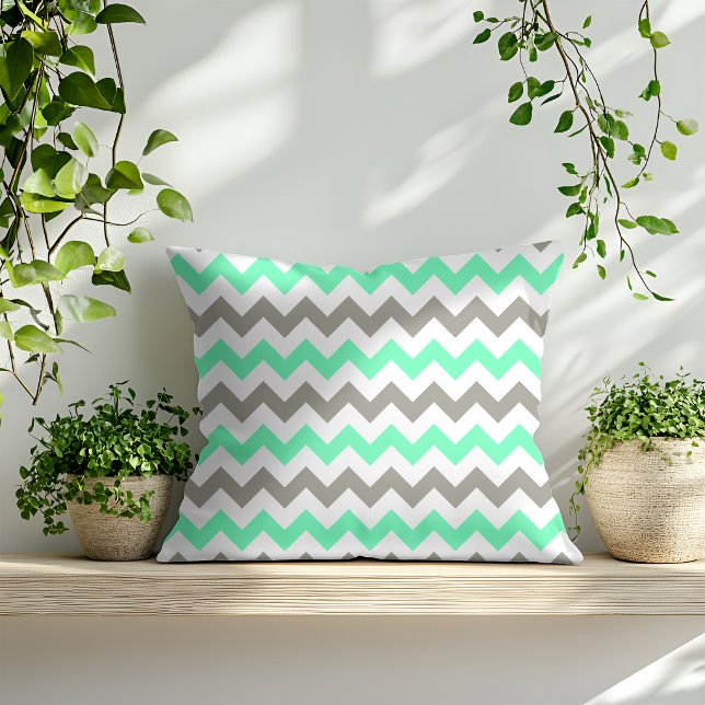 Modern Mint Green Grey Chevron Pattern Throw Pillow (Creator Uploaded)