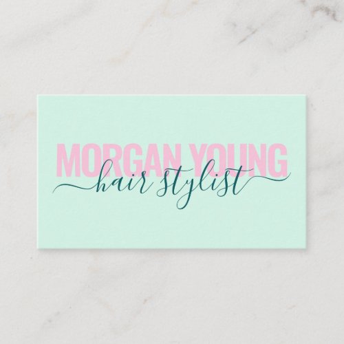 Modern mint green hair stylist script signature business card