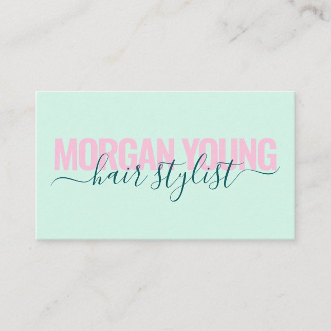 Modern mint green hair stylist script signature business card (Front)