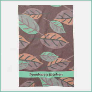 Modern Mint Green Orange and Purple Leaves Kitchen Towel