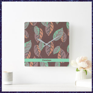 Modern Mint Green Orange and Purple Leaves Square Wall Clock