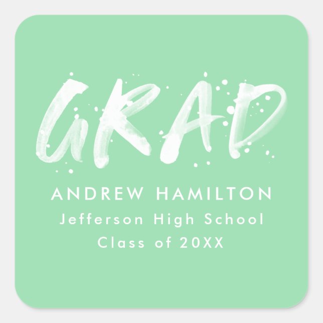 Modern Mint Green Paint Splatter Graduation Square Sticker (Front)