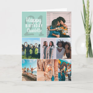 Modern mint green photos collage grid 21 birthday card