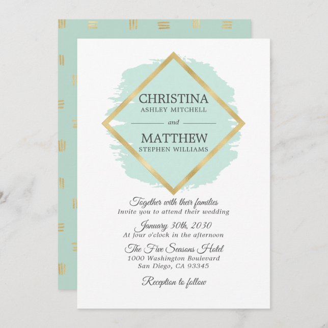 Modern Mint Green Sage Gold Foil Frame Wedding Invitation (Front/Back)