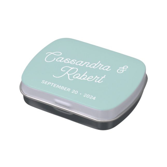 Modern Mint Green Script Custom Names Wedding Candy Tin (Side)
