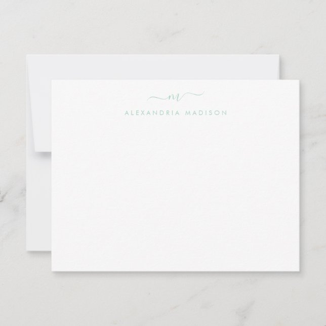 Modern Mint Green Script Monogram Swash Stationery Note Card (Front)