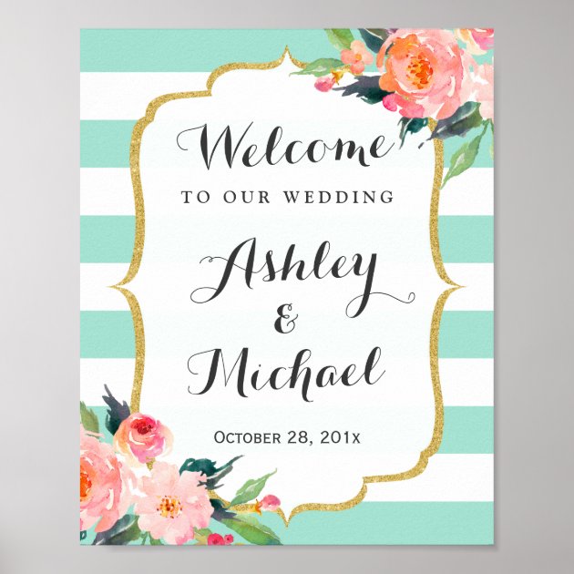 Modern Mint Green Stripes Floral Deco Wedding Sign Poster