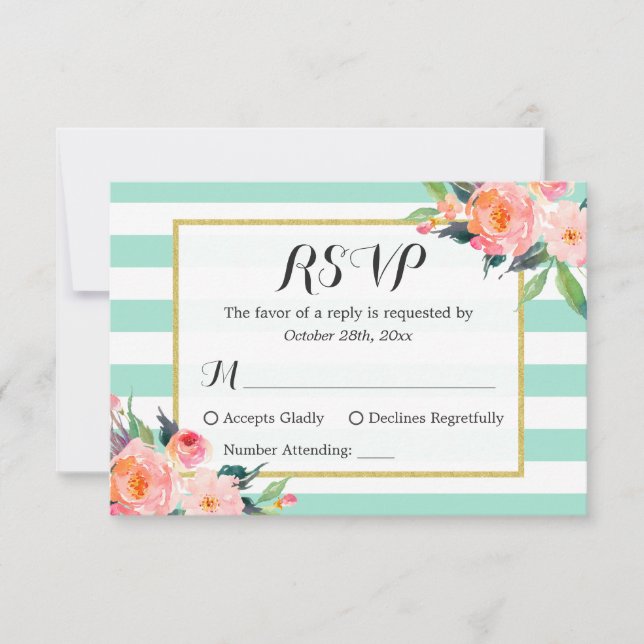Modern Mint Green Stripes Floral RSVP Reply (Front)