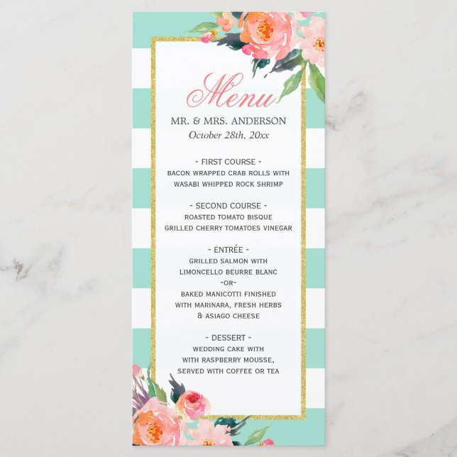 Modern Mint Green Stripes Floral Wedding Menu (Front)