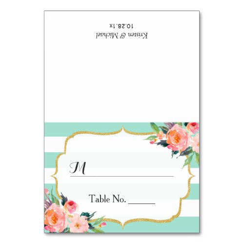 Modern Mint Green Stripes Floral Wedding Place Table Number