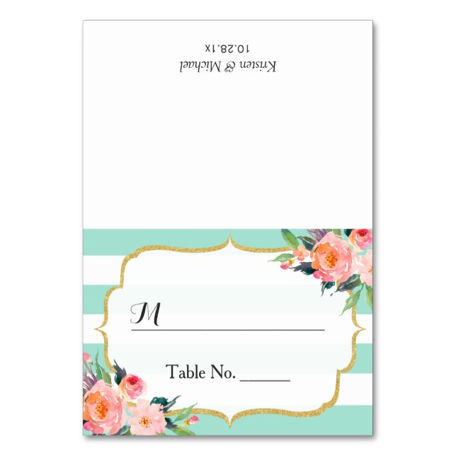 Modern Mint Green Stripes Floral Wedding Place Table Number (Front)