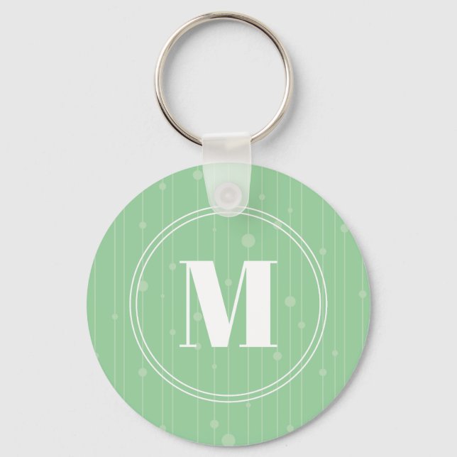 Modern mint green stripes pattern round monogram keychain (Front)