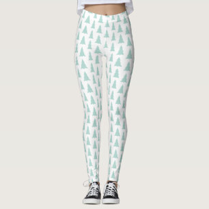 Modern Mint Green Trees on White Geometric Pattern Leggings