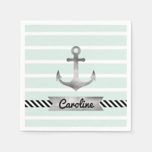 Modern Mint Green Watercolor Anchor Custom Paper Napkins