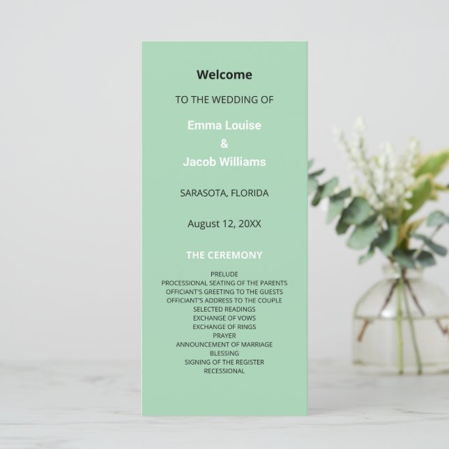Modern Mint Green Wedding Program (Standing Front)