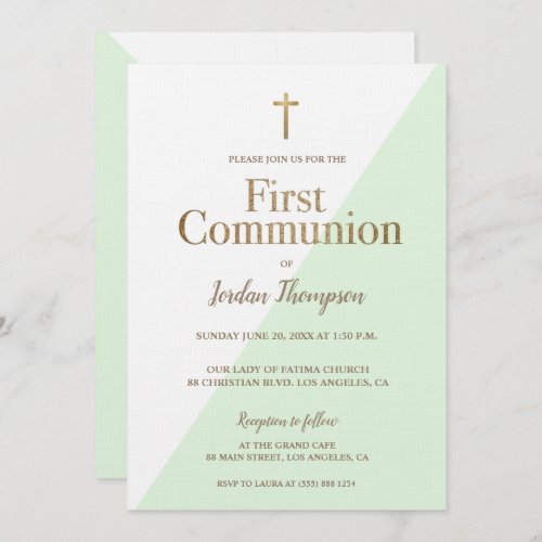 Modern mint green White Gold first communion Invitation