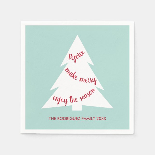 Modern Mint Green White Tree Name Holiday Party Napkins (Front)