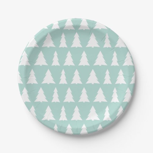 Modern Mint Green White Tree Pattern Holiday Party Paper Plates
