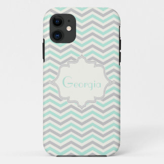 Modern mint, grey, ivory chevron pattern custom iPhone 11 case