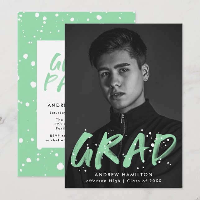 Modern Mint Paint Splatter Photo Graduation Party Invitation (Front/Back)