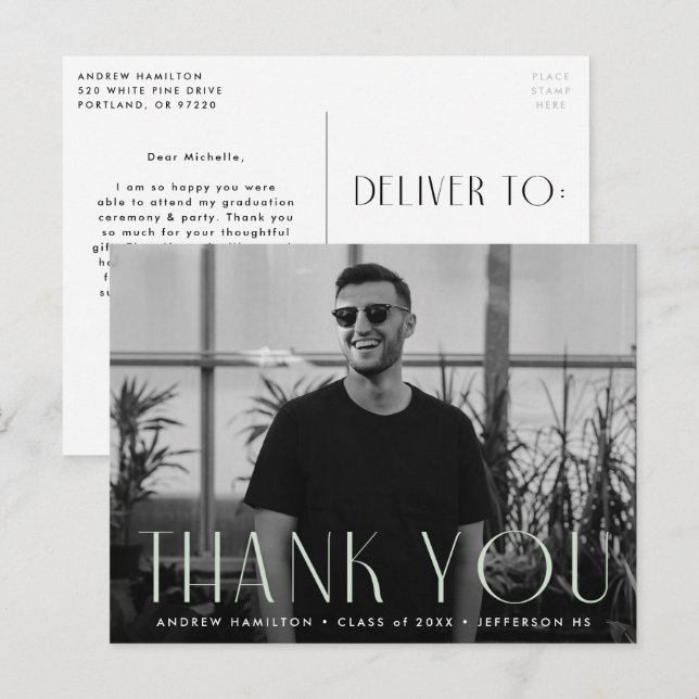 Modern Mint Photo Graduation Thank You Postcard (Front/Back)