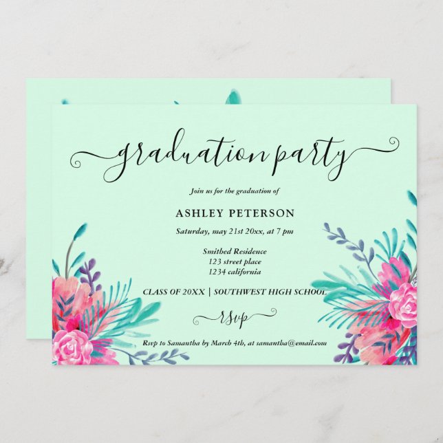 Modern mint pink floral watercolor graduation invitation (Front/Back)