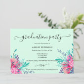Modern mint pink floral watercolor graduation invitation (Standing Front)