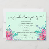 Modern mint pink floral watercolor graduation invitation (Front)