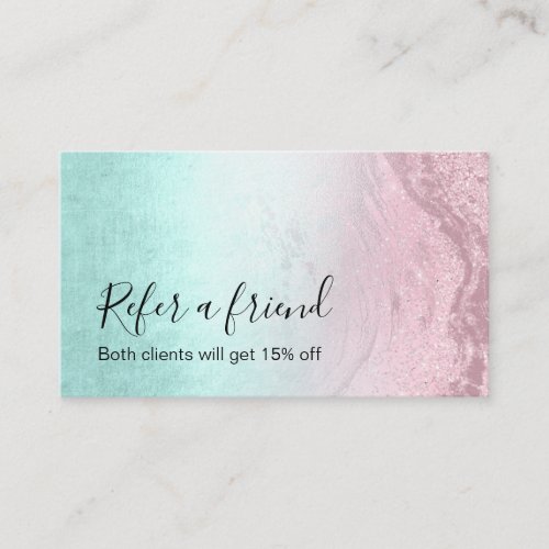 Modern mint  pink rose gold glitter makeup artist referral card