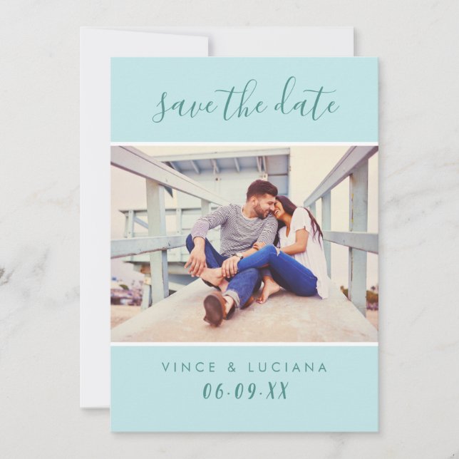 Modern Mint Script Photo Wedding Save The Date (Front)
