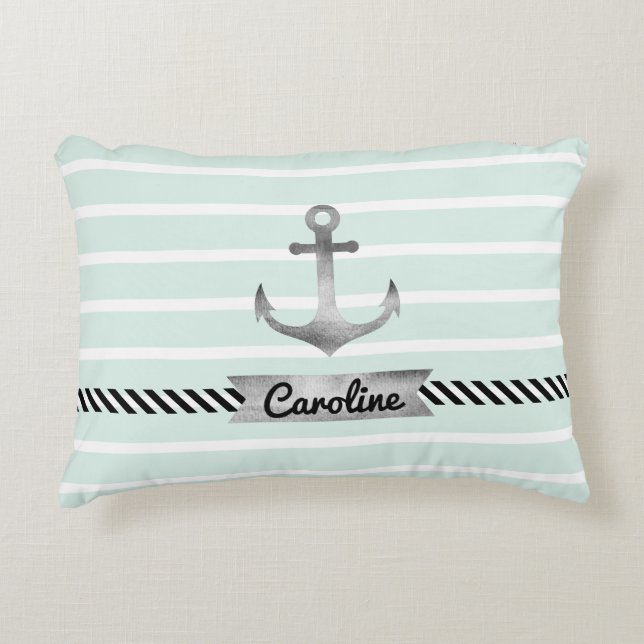 Modern Mint Stripes Gray Anchor Personalized Decorative Pillow (Front)
