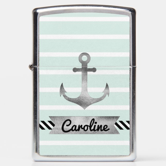 Modern Mint Stripes Nautical Anchor Personalized Zippo Lighter (Front)