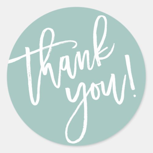 Modern mint teal white brush script thank you classic round sticker