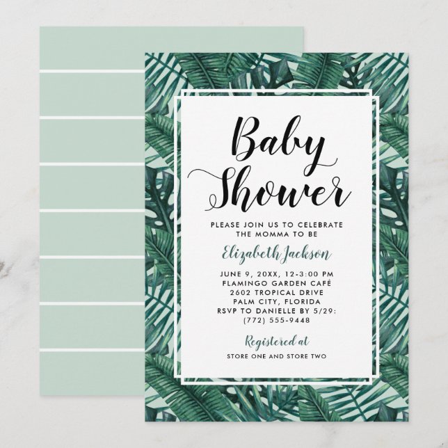 Modern Mint Tropical Palm Leaf Baby Shower Invitation (Front/Back)